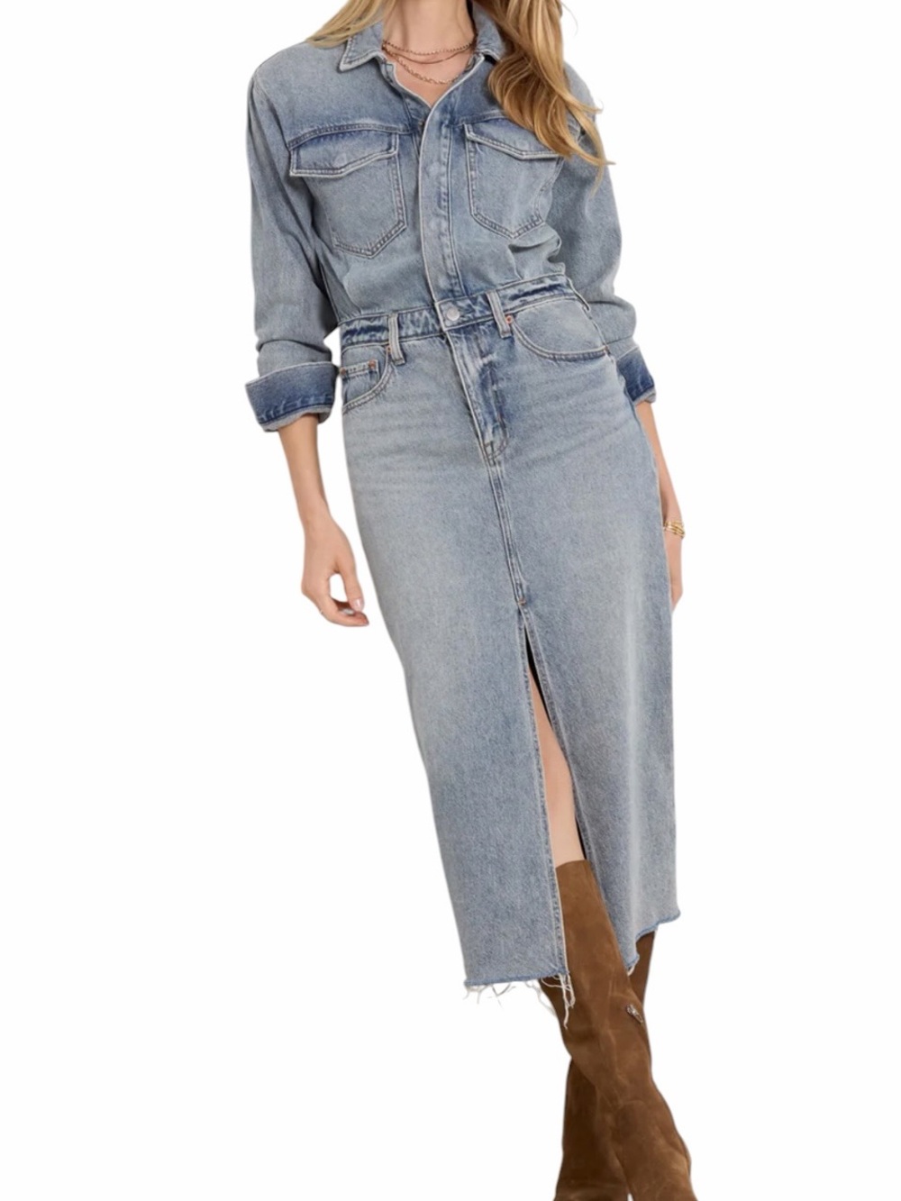Pistola "Amera" Denim Jean Style Long Sleeve Midi Shirtdress with Slit M NEW
